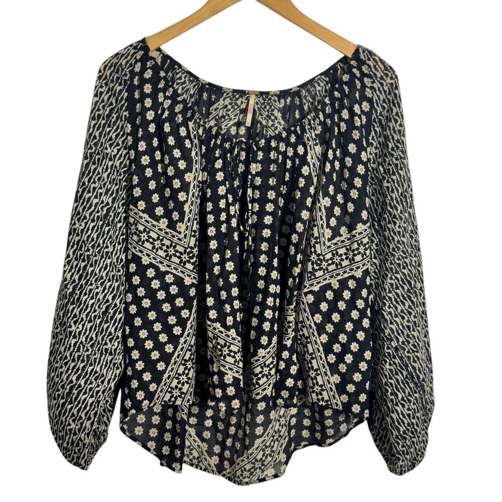Free People Elena Top Women XS Black Cream‎ Oversized Floral Boho Relaxed Cotton